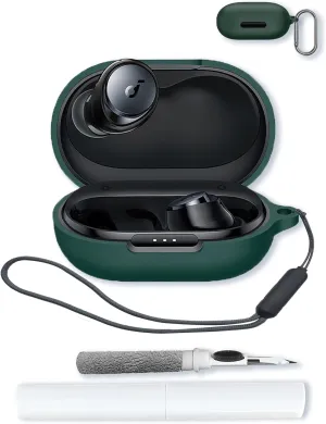 Case for Soundcore by Anker Space A40 Adaptive Active Noise Cancelling Wireless Earbuds,Soft Protective,BOVUGAC Silicone Case Cover For Soundcore space A40 with Keychain & Cleaning Kit & Lanyard-Green