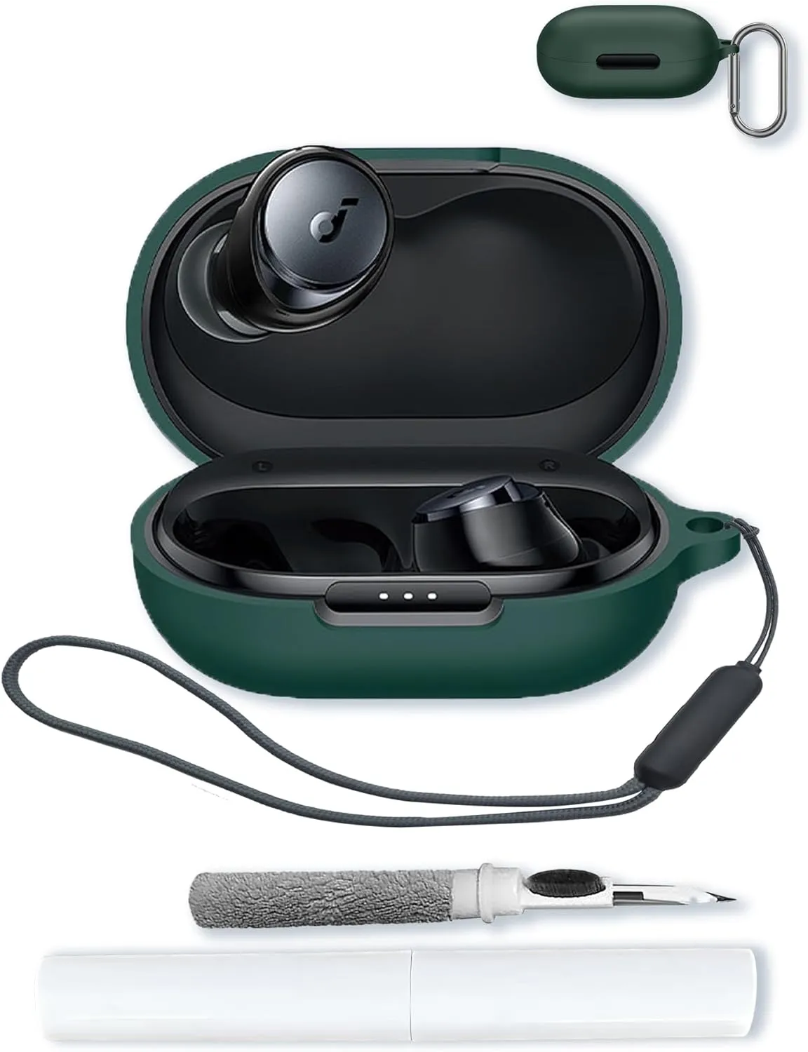 Case for Soundcore by Anker Space A40 Adaptive Active Noise Cancelling Wireless Earbuds,Soft Protective,BOVUGAC Silicone Case Cover For Soundcore space A40 with Keychain & Cleaning Kit & Lanyard-Green
