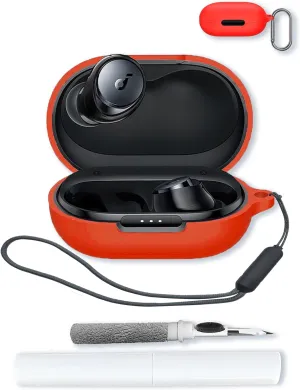 Case for Soundcore by Anker Space A40 Adaptive Active Noise Cancelling Wireless Earbuds,Soft Protective,BOVUGAC Silicone Case Cover for Soundcore Space A40 with Keychain & Cleaning Kit & Lanyard-Red
