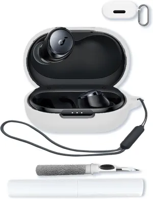 Case for Soundcore by Anker Space A40 Adaptive Active Noise Cancelling Wireless Earbuds,Soft Protective,BOVUGAC Silicone Case Cover For Soundcore space A40 with Keychain & Cleaning Kit & Lanyard-White