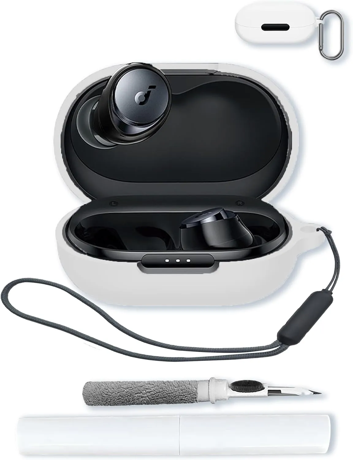 Case for Soundcore by Anker Space A40 Adaptive Active Noise Cancelling Wireless Earbuds,Soft Protective,BOVUGAC Silicone Case Cover For Soundcore space A40 with Keychain & Cleaning Kit & Lanyard-White