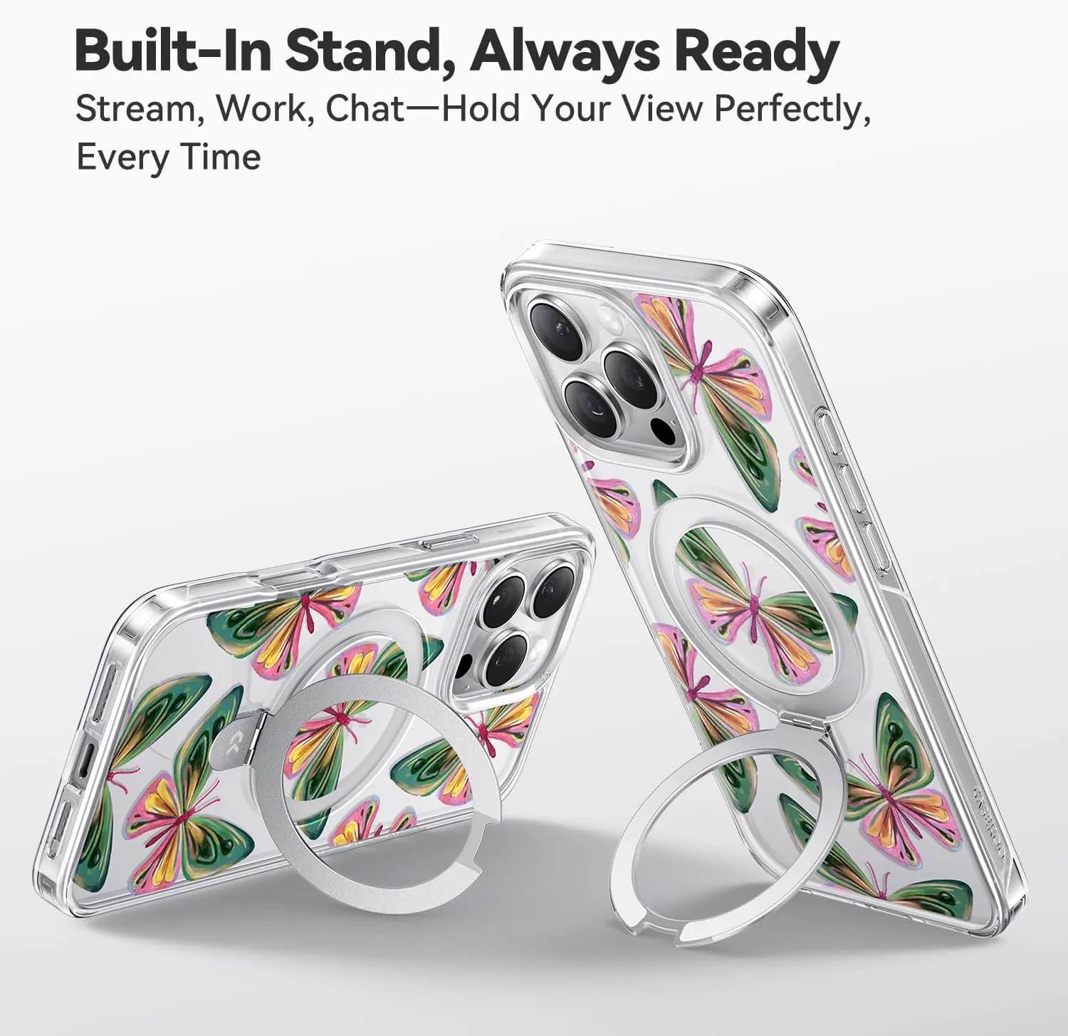 CASEKOO Dancing Butterfly for iPhone 16 Pro Max Case with Magnetic Ring Stand [Compatible with MagSafe] [Military-Grade Protection] Fashion Clear Back, Soft Edge, for Women