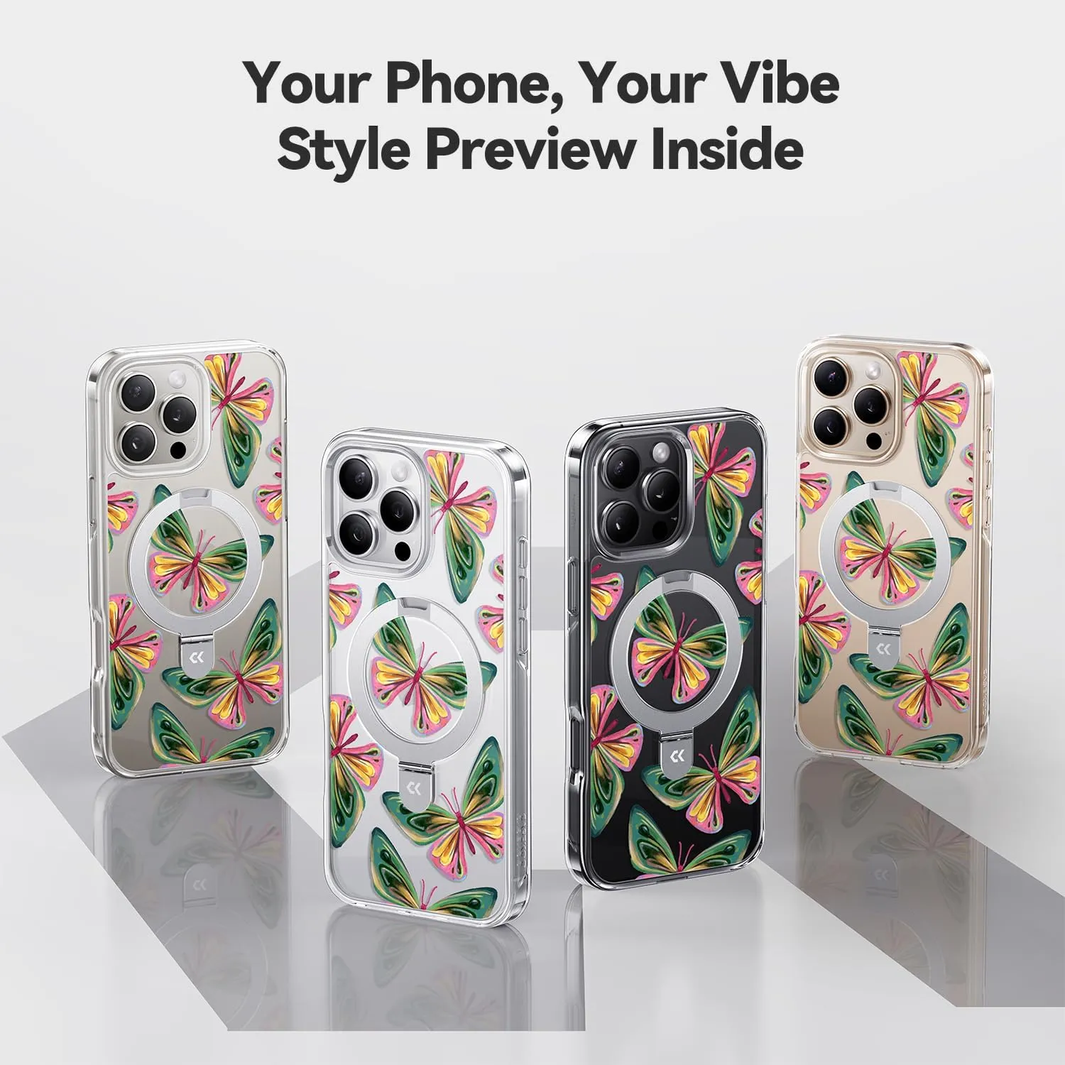 CASEKOO Dancing Butterfly for iPhone 16 Pro Max Case with Magnetic Ring Stand [Compatible with MagSafe] [Military-Grade Protection] Fashion Clear Back, Soft Edge, for Women