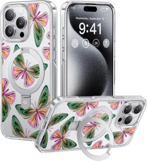 CASEKOO Dancing Butterfly for iPhone 16 Pro Max Case with Magnetic Ring Stand [Compatible with MagSafe] [Military-Grade Protection] Fashion Clear Back, Soft Edge, for Women