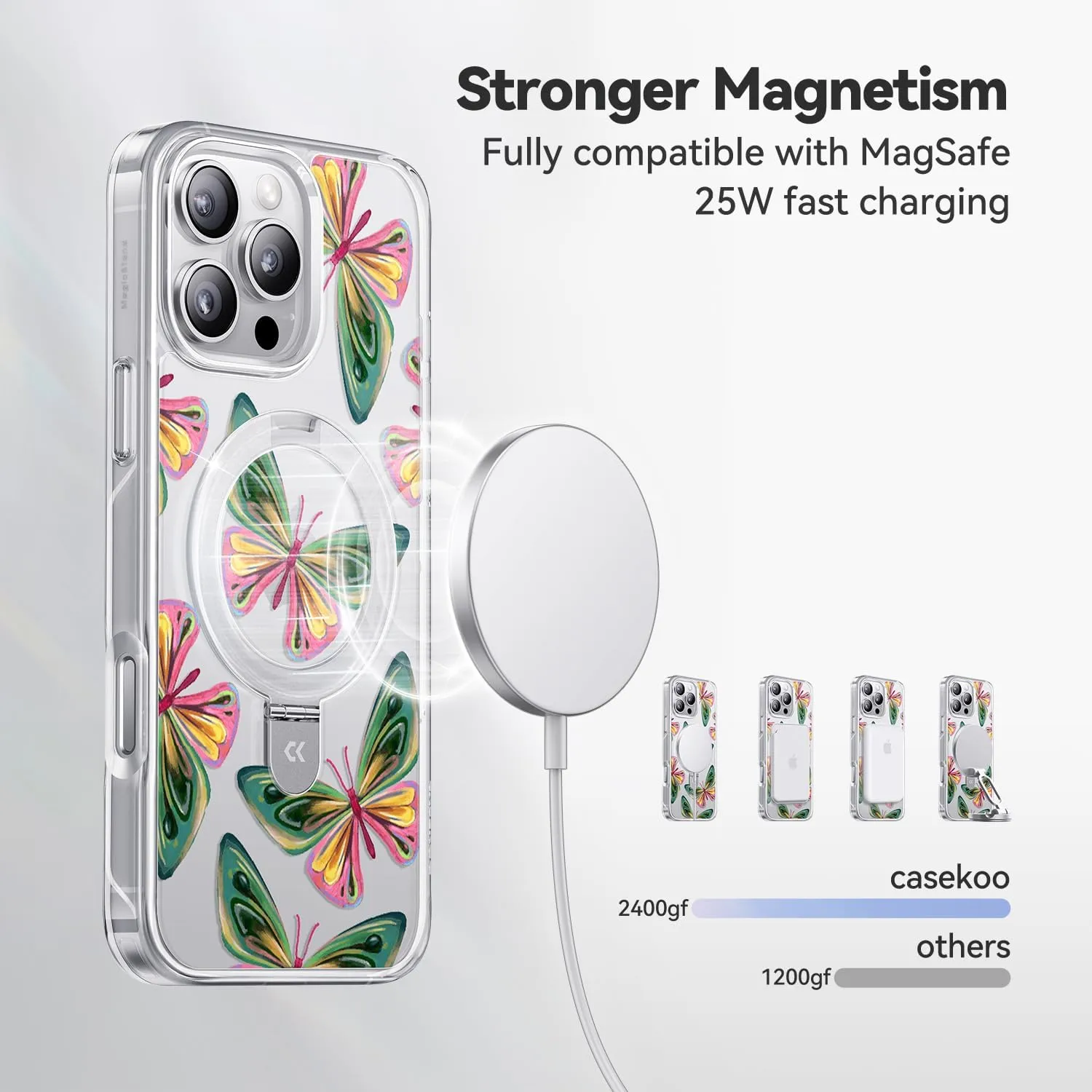 CASEKOO Dancing Butterfly for iPhone 16 Pro Max Case with Magnetic Ring Stand [Compatible with MagSafe] [Military-Grade Protection] Fashion Clear Back, Soft Edge, for Women