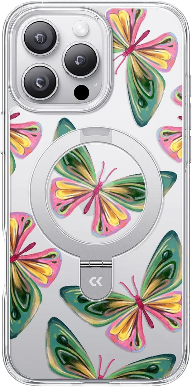 CASEKOO Dancing Butterfly for iPhone 16 Pro Max Case with Magnetic Ring Stand [Compatible with MagSafe] [Military-Grade Protection] Fashion Clear Back, Soft Edge, for Women