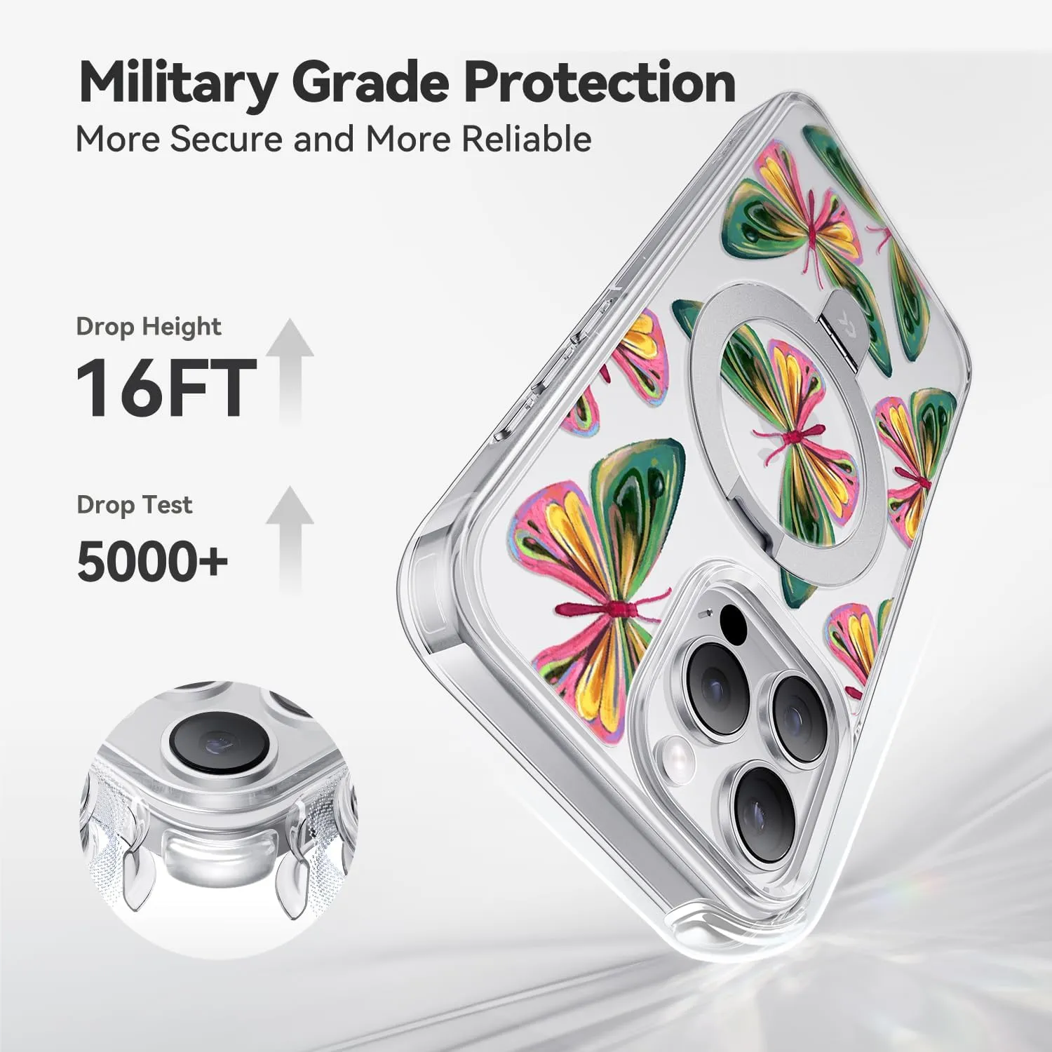 CASEKOO Dancing Butterfly for iPhone 16 Pro Max Case with Magnetic Ring Stand [Compatible with MagSafe] [Military-Grade Protection] Fashion Clear Back, Soft Edge, for Women