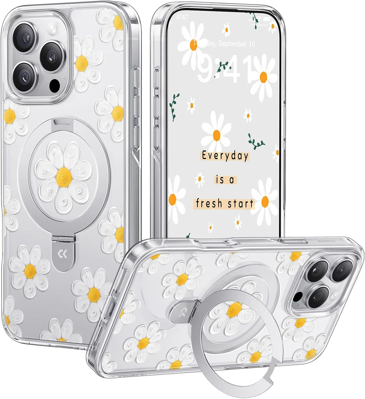 CASEKOO Oil Painting Daisy for iPhone 16 Pro Max Case with Magnetic Ring Stand [Compatible with MagSafe] [Military-Grade Protection] Fashion Clear Back, Soft Edge, for Women