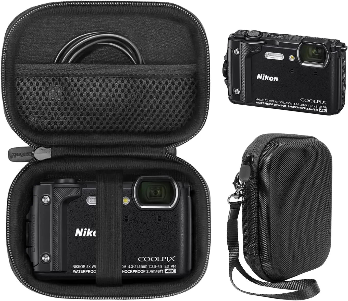 CaseSack Case for Nikon COOLPIX W300, AW130 Waterproof Camera, mesh pocket for SD cards, charge cord