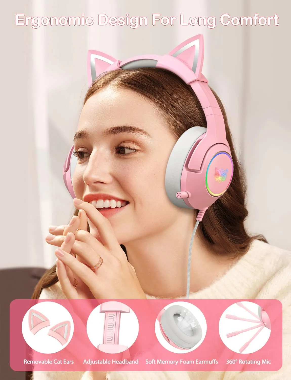 Cat Ear Gaming Cute Headset, Wired Over-Ear Headphones with Retractable Microphone, Surround Sound, LED Backlight for PS4, PS5, Xbox One(No Adapter), PC, Mobile Phone (Light Pink)