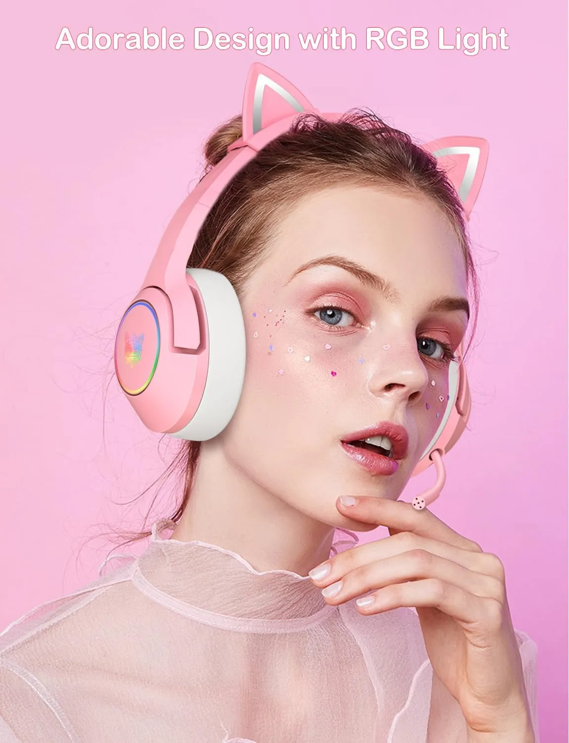 Cat Ear Gaming Cute Headset, Wired Over-Ear Headphones with Retractable Microphone, Surround Sound, LED Backlight for PS4, PS5, Xbox One(No Adapter), PC, Mobile Phone (Light Pink)