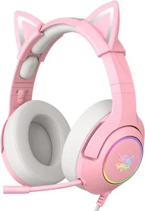 Cat Ear Gaming Cute Headset, Wired Over-Ear Headphones with Retractable Microphone, Surround Sound, LED Backlight for PS4, PS5, Xbox One(No Adapter), PC, Mobile Phone (Light Pink)
