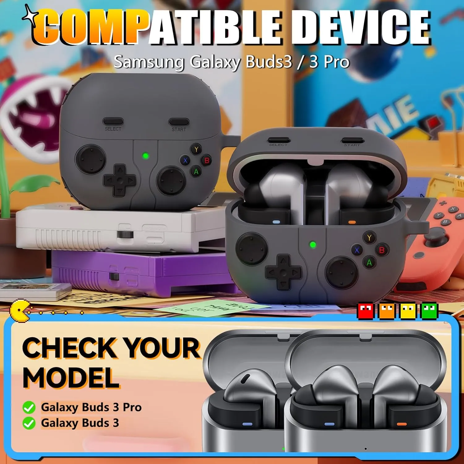 Classic Game Case for Samsung Galaxy Buds 3 Case & Galaxy Buds 3 Pro Case, Soft Silicone Game Player Design with 3D Button Case Cover for Samsung Buds Pro 3 for Men with Cleaner Kit - Dark Gray