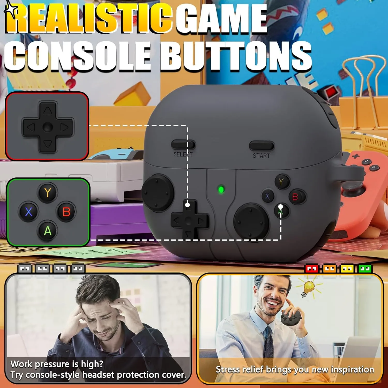 Classic Game Case for Samsung Galaxy Buds 3 Case & Galaxy Buds 3 Pro Case, Soft Silicone Game Player Design with 3D Button Case Cover for Samsung Buds Pro 3 for Men with Cleaner Kit - Dark Gray