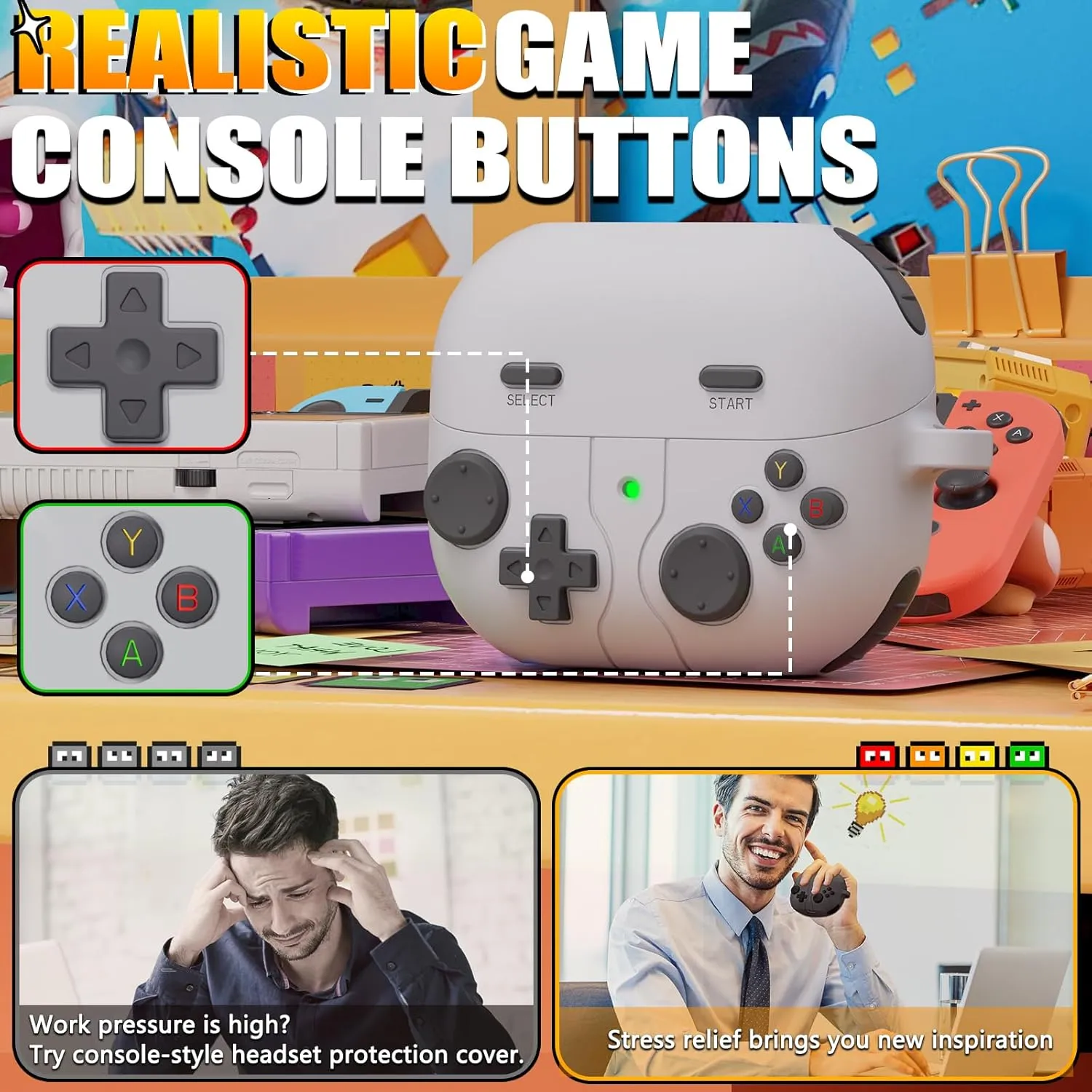 Classic Game Case for Samsung Galaxy Buds 3 Case & Galaxy Buds 3 Pro Case, Soft Silicone Game Player Design with 3D Button Case Cover for Samsung Buds Pro 3 for Men with Cleaner Kit - Rock Gray