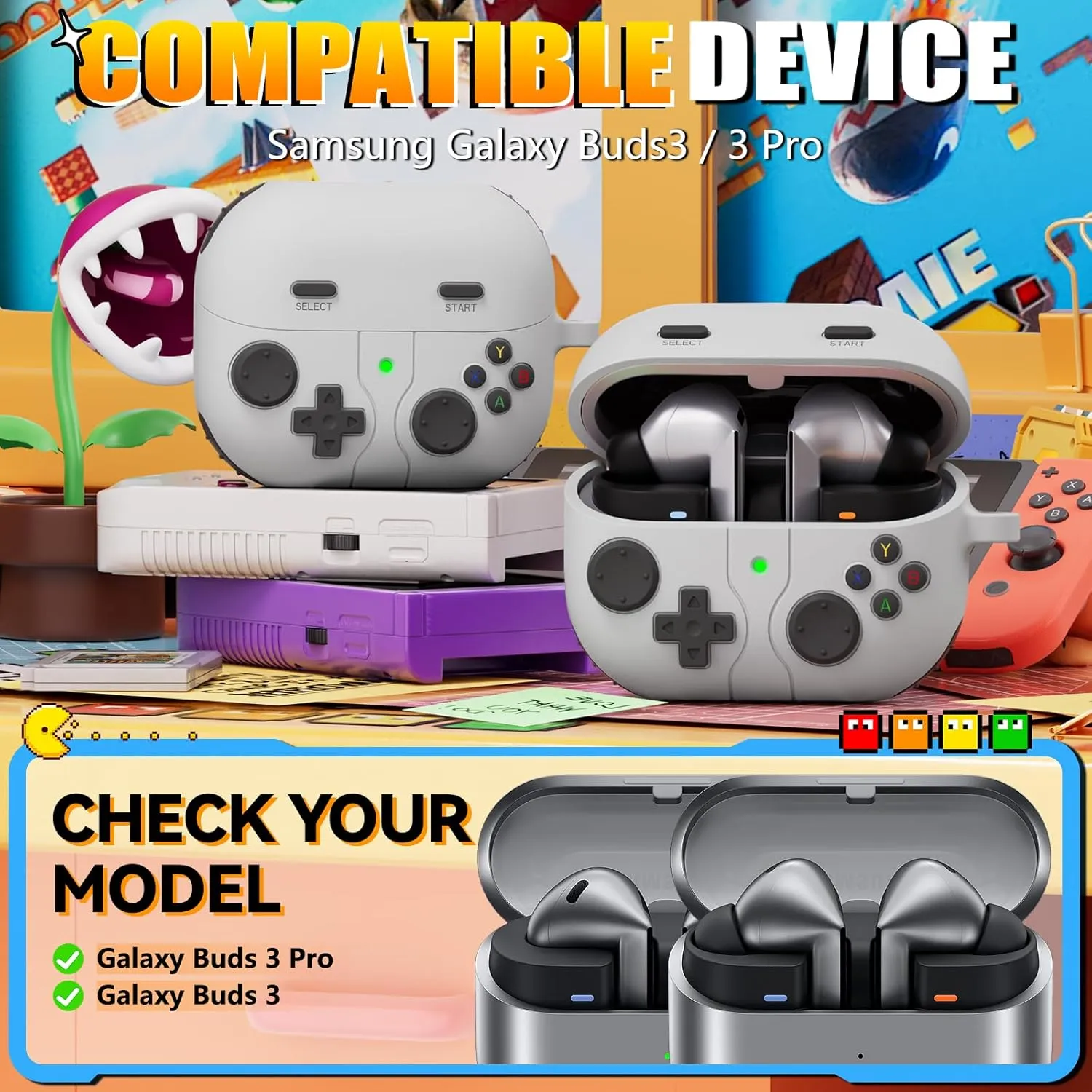 Classic Game Case for Samsung Galaxy Buds 3 Case & Galaxy Buds 3 Pro Case, Soft Silicone Game Player Design with 3D Button Case Cover for Samsung Buds Pro 3 for Men with Cleaner Kit - Rock Gray