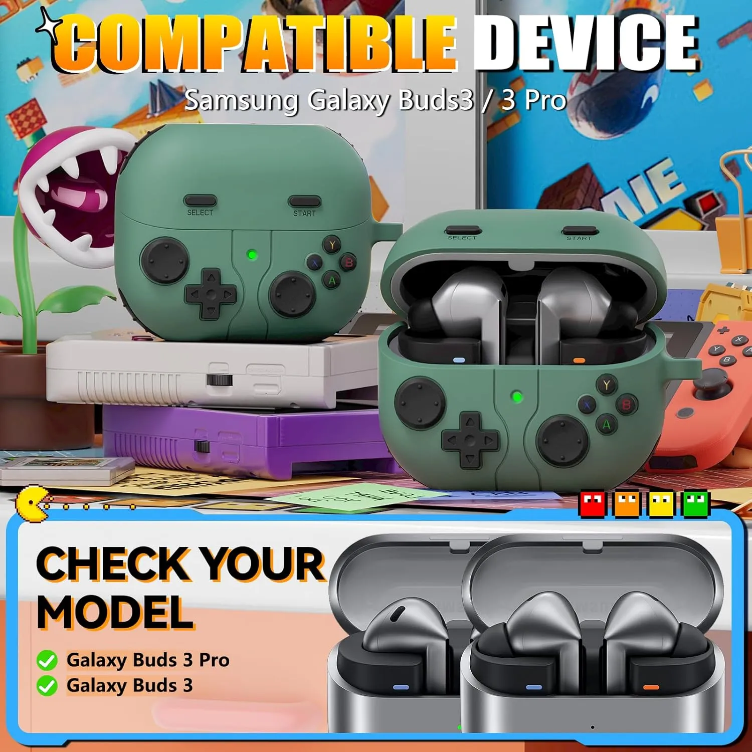 Classic Game Case for Samsung Galaxy Buds 3 / Galaxy Buds 3 Pro, Soft Silicone Case with 3D Button Design, Cleaner Kit - Pine Green