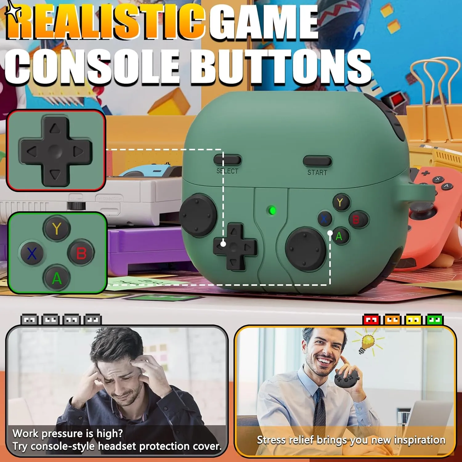 Classic Game Case for Samsung Galaxy Buds 3 / Galaxy Buds 3 Pro, Soft Silicone Case with 3D Button Design, Cleaner Kit - Pine Green