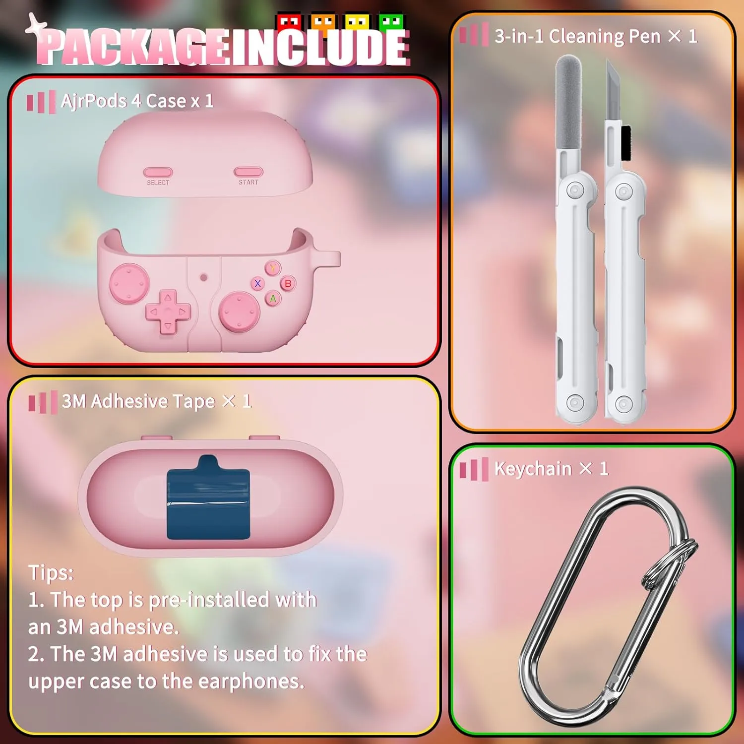 Classic Game Case for Samsung Galaxy Buds 3 / Galaxy Buds 3 Pro, Soft Silicone Gaming Case with 3D Buttons, Cleaner Kit - Pink
