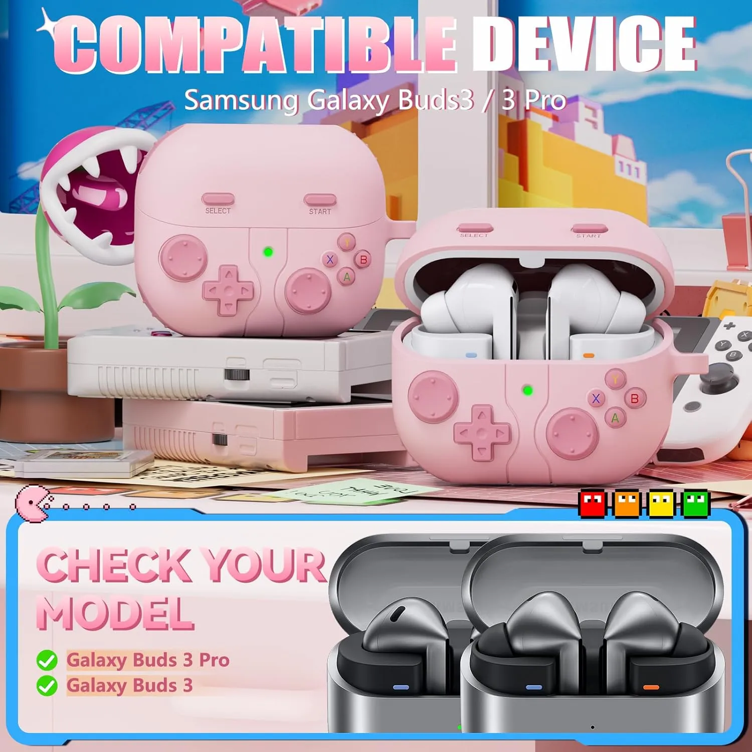 Classic Game Case for Samsung Galaxy Buds 3 / Galaxy Buds 3 Pro, Soft Silicone Gaming Case with 3D Buttons, Cleaner Kit - Pink