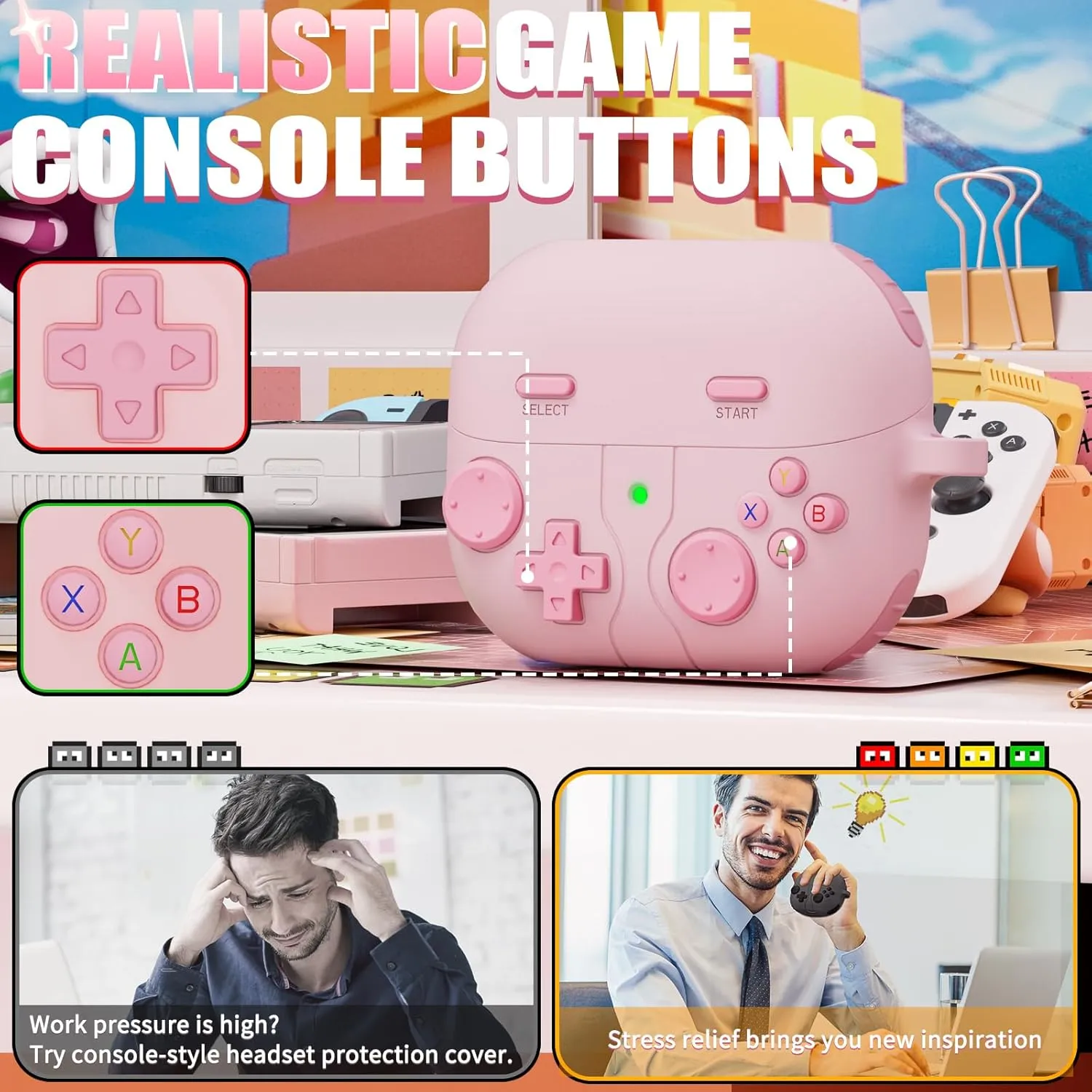Classic Game Case for Samsung Galaxy Buds 3 / Galaxy Buds 3 Pro, Soft Silicone Gaming Case with 3D Buttons, Cleaner Kit - Pink