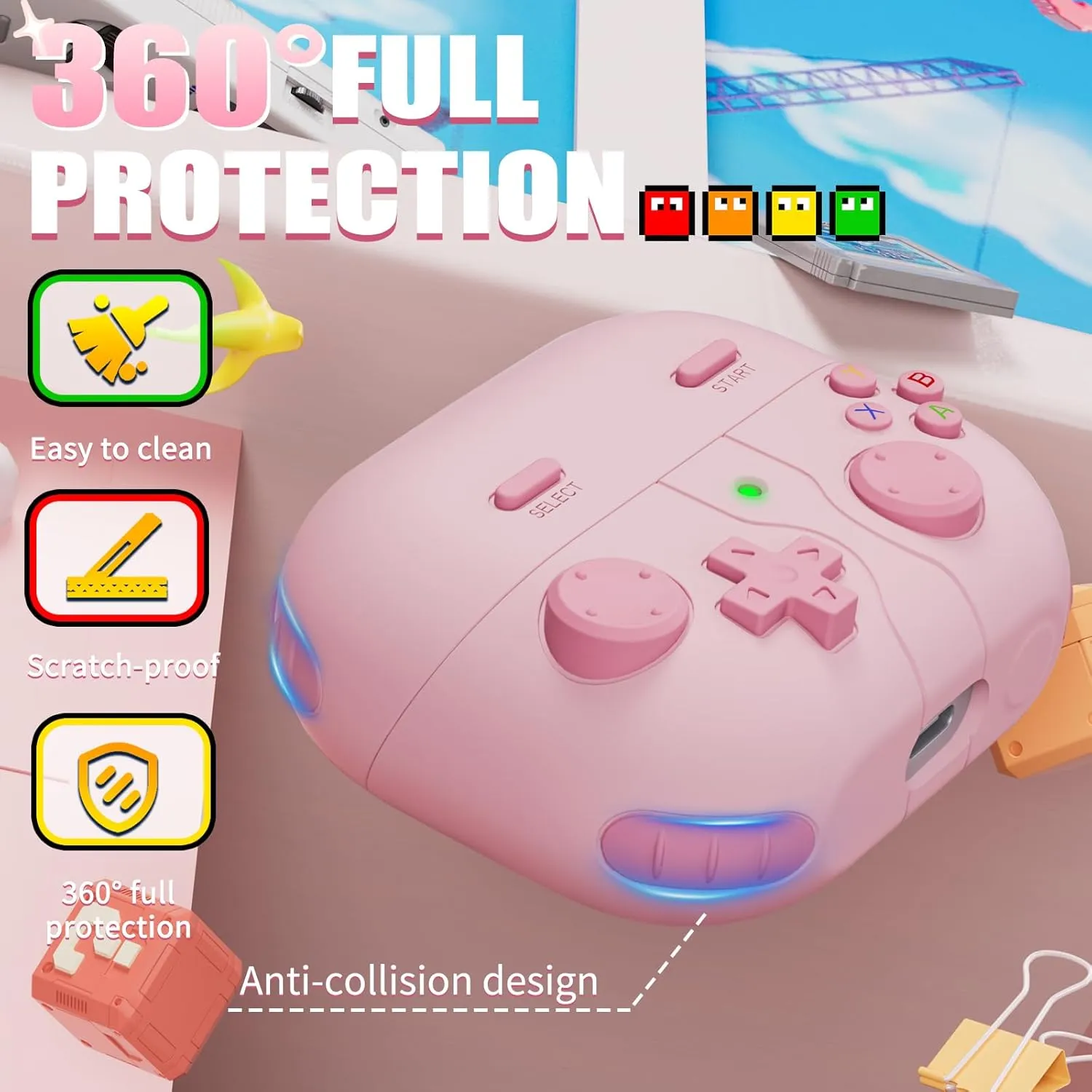 Classic Game Case for Samsung Galaxy Buds 3 / Galaxy Buds 3 Pro, Soft Silicone Gaming Case with 3D Buttons, Cleaner Kit - Pink