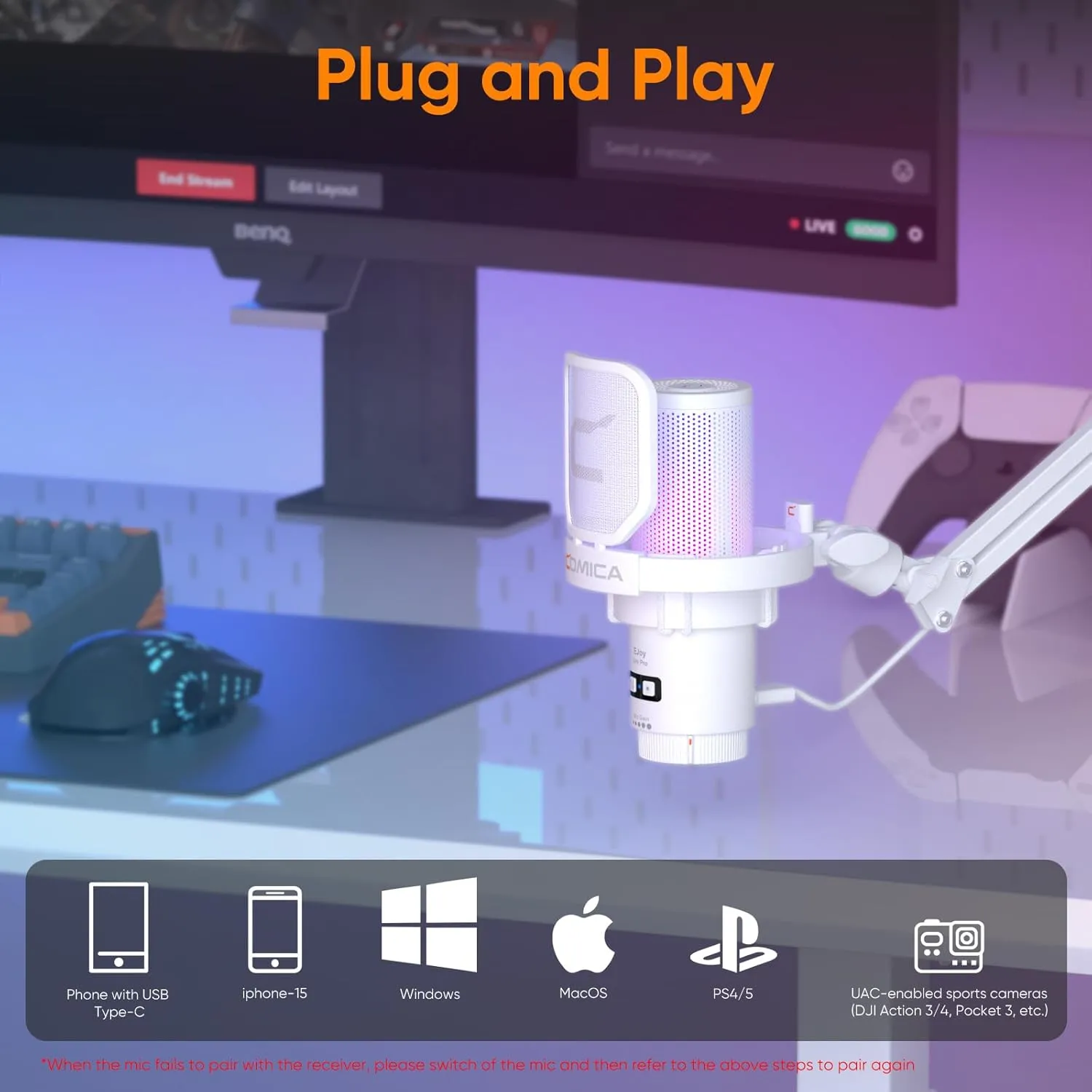 Comica EJoy Uni Pro Wireless USB Condenser Gaming for PC, PS4, PS5, USB C Phone and Mac, Boom Arm RGB Computer Mic for Twitch, Streaming, Podcasting, Noise Cancellation Mic with Mute, Gain, Monitoring
