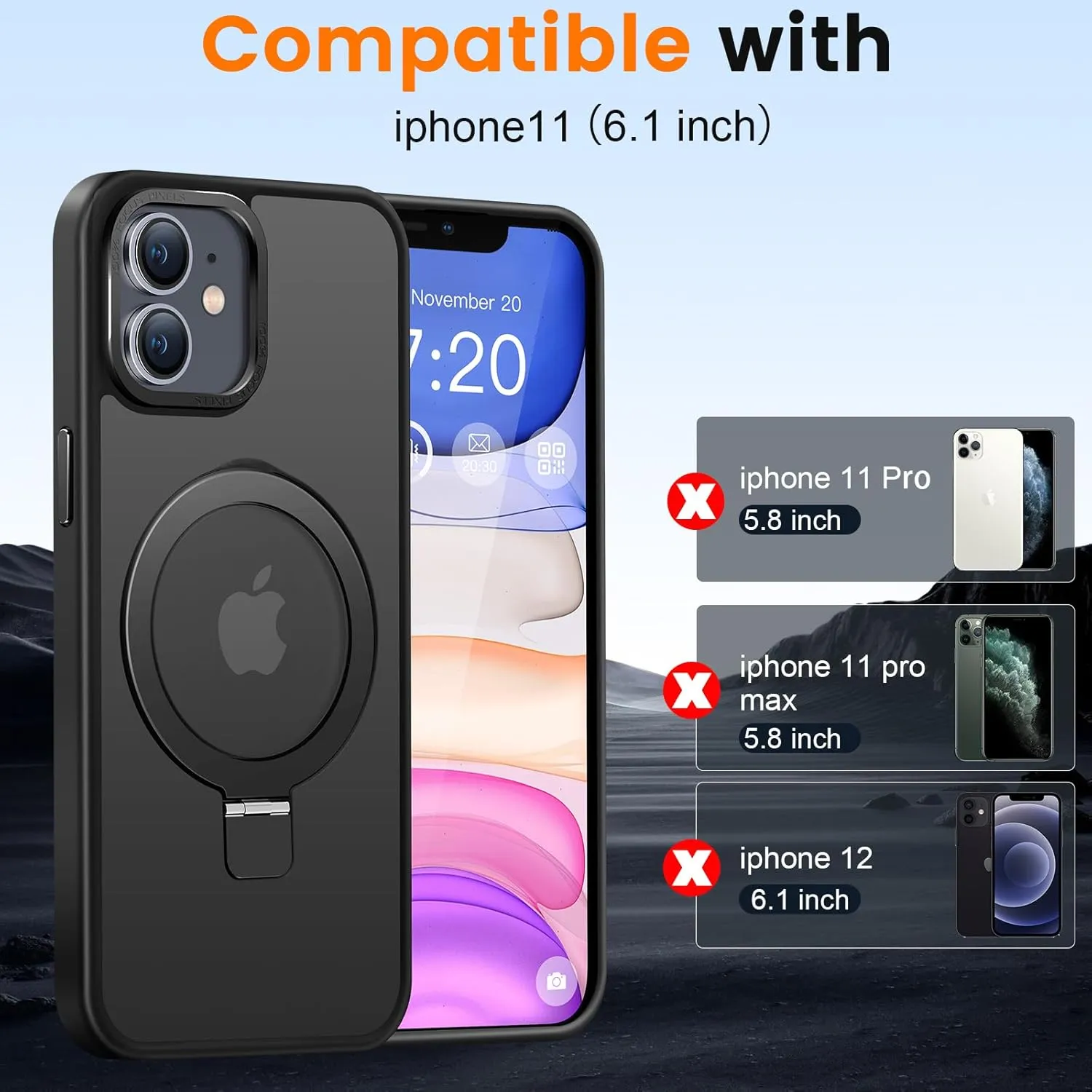 Compatible with iPhone 11 Case with Magnetic Ring Stand, Military Drop Protection, Anti-Scratch/Anti-Fingerprint Translucent Matte Phone Case for iPhone 11 (Black)