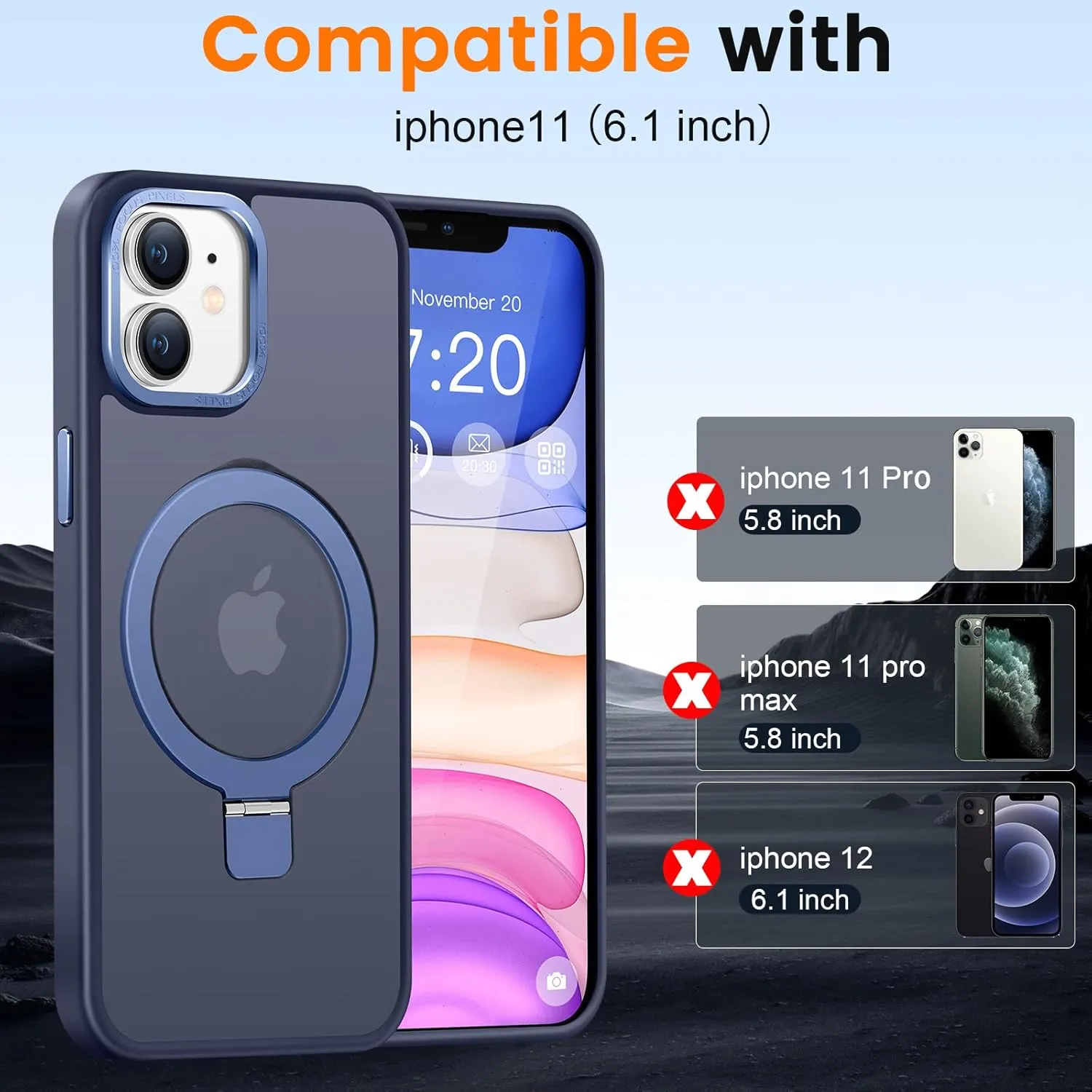 Compatible with iPhone 11 Case with Magnetic Ring Stand, Military Drop Protection, Anti-Scratch/Anti-Fingerprint Translucent Matte Phone Case for iPhone 11 (Dark Blue)