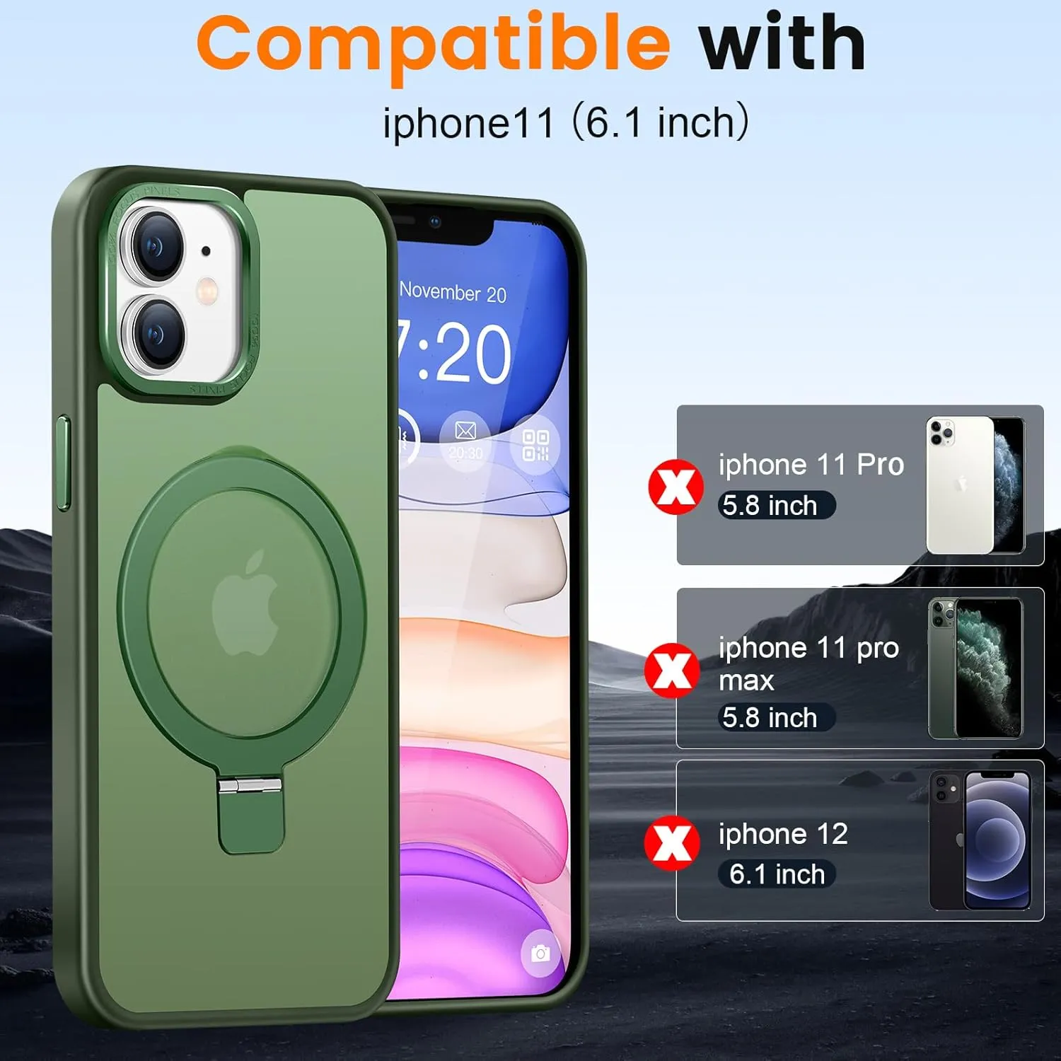 Compatible with iPhone 11 Case with Magnetic Ring Stand, Military Drop Protection, Anti-Scratch/Anti-Fingerprint Translucent Matte Phone Case for iPhone 11 (Green)