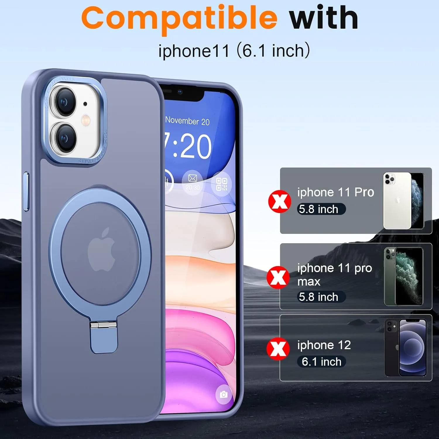 Compatible with iPhone 11 Case with Magnetic Ring Stand, Military Drop Protection, Anti-Scratch/Anti-Fingerprint Translucent Matte Phone Case for iPhone 11 (Light Blue)