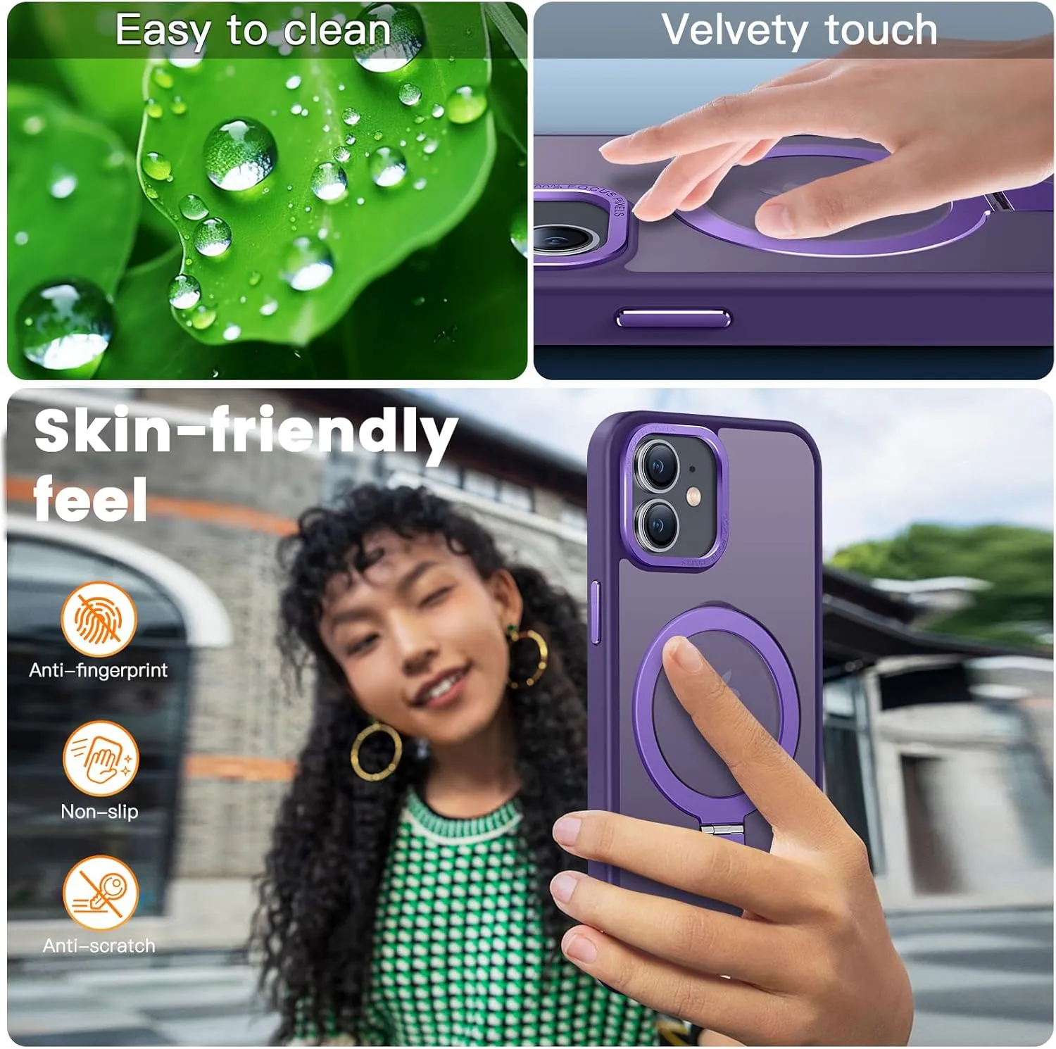 Compatible with iPhone 11 Case with Magnetic Ring Stand, Military Drop Protection, Anti-Scratch/Anti-Fingerprint Translucent Matte Phone Case for iPhone 11 (Purple)