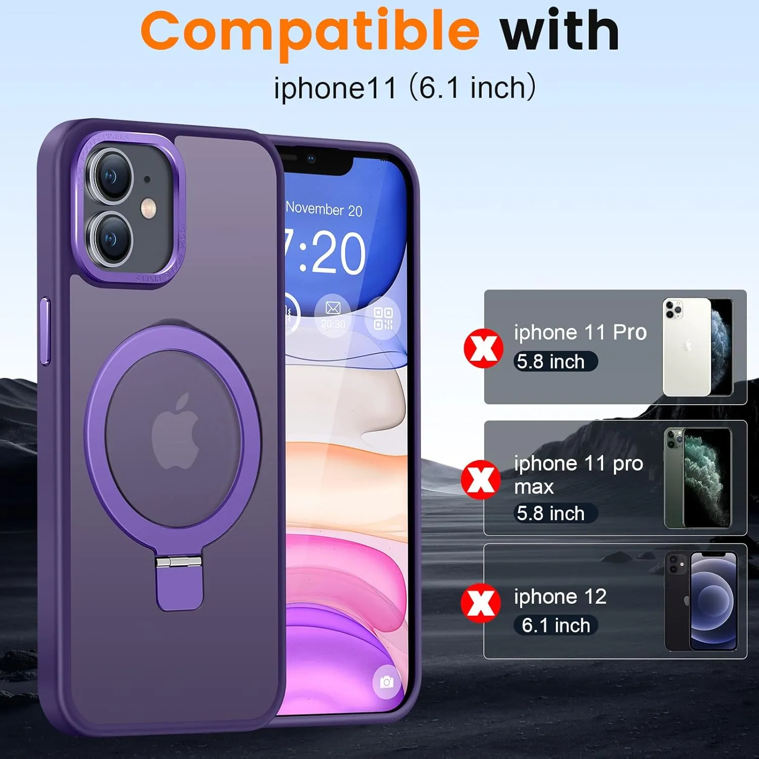 Compatible with iPhone 11 Case with Magnetic Ring Stand, Military Drop Protection, Anti-Scratch/Anti-Fingerprint Translucent Matte Phone Case for iPhone 11 (Purple)
