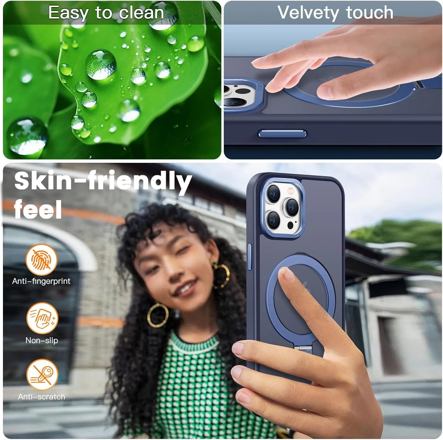 Compatible with iPhone 12/12 pro Case with Magnetic Ring Stand, Military Drop Protection, Anti-Scratch/Anti-Fingerprint Translucent Matte Phone Case for iPhone 12/12 pro (Dark Blue)