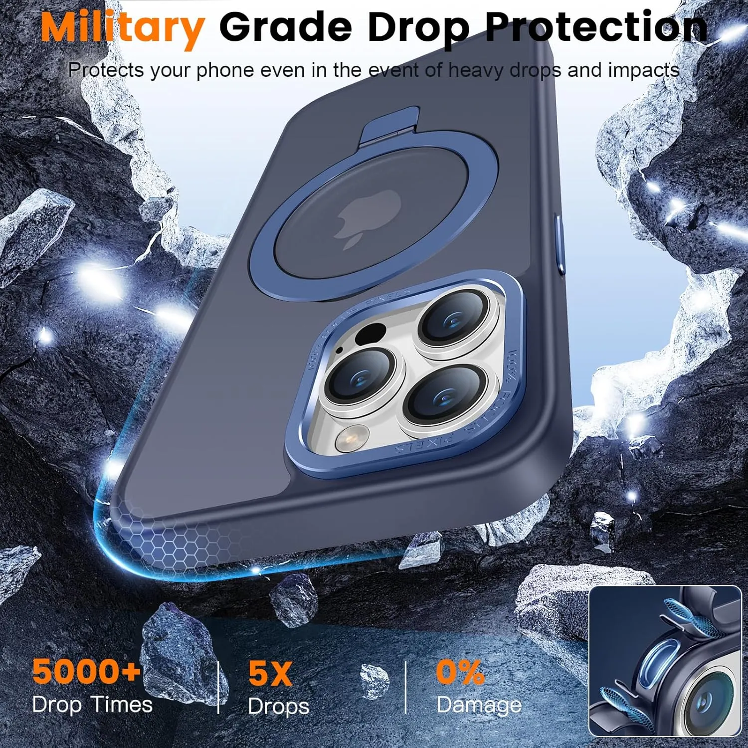 Compatible with iPhone 12/12 pro Case with Magnetic Ring Stand, Military Drop Protection, Anti-Scratch/Anti-Fingerprint Translucent Matte Phone Case for iPhone 12/12 pro (Dark Blue)