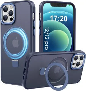 Compatible with iPhone 12/12 pro Case with Magnetic Ring Stand, Military Drop Protection, Anti-Scratch/Anti-Fingerprint Translucent Matte Phone Case for iPhone 12/12 pro (Dark Blue)