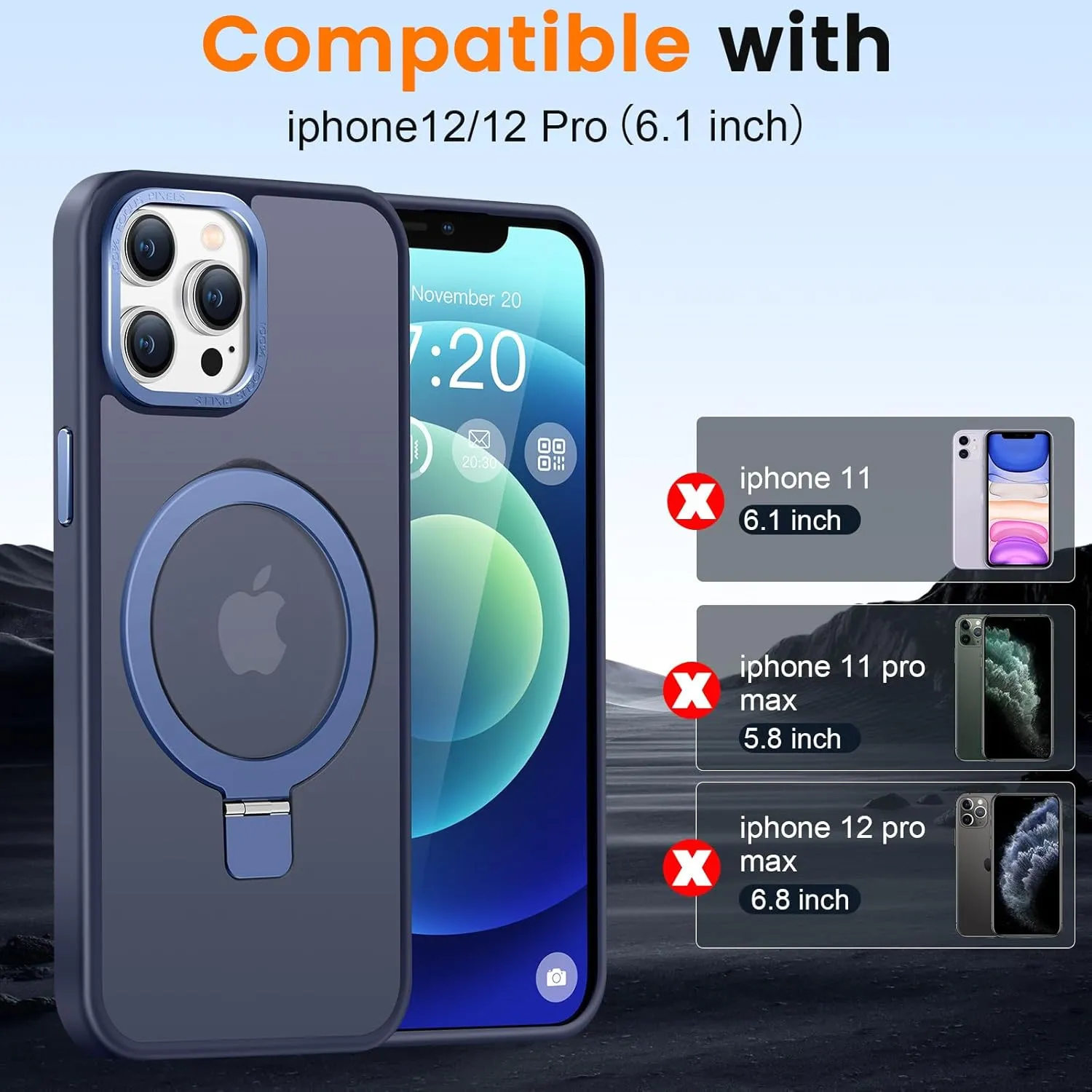 Compatible with iPhone 12/12 pro Case with Magnetic Ring Stand, Military Drop Protection, Anti-Scratch/Anti-Fingerprint Translucent Matte Phone Case for iPhone 12/12 pro (Dark Blue)