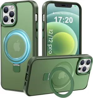 Compatible with iPhone 12/12 pro Case with Magnetic Ring Stand, Military Drop Protection, Anti-Scratch/Anti-Fingerprint Translucent Matte Phone Case for iPhone 12/12 pro (Green)