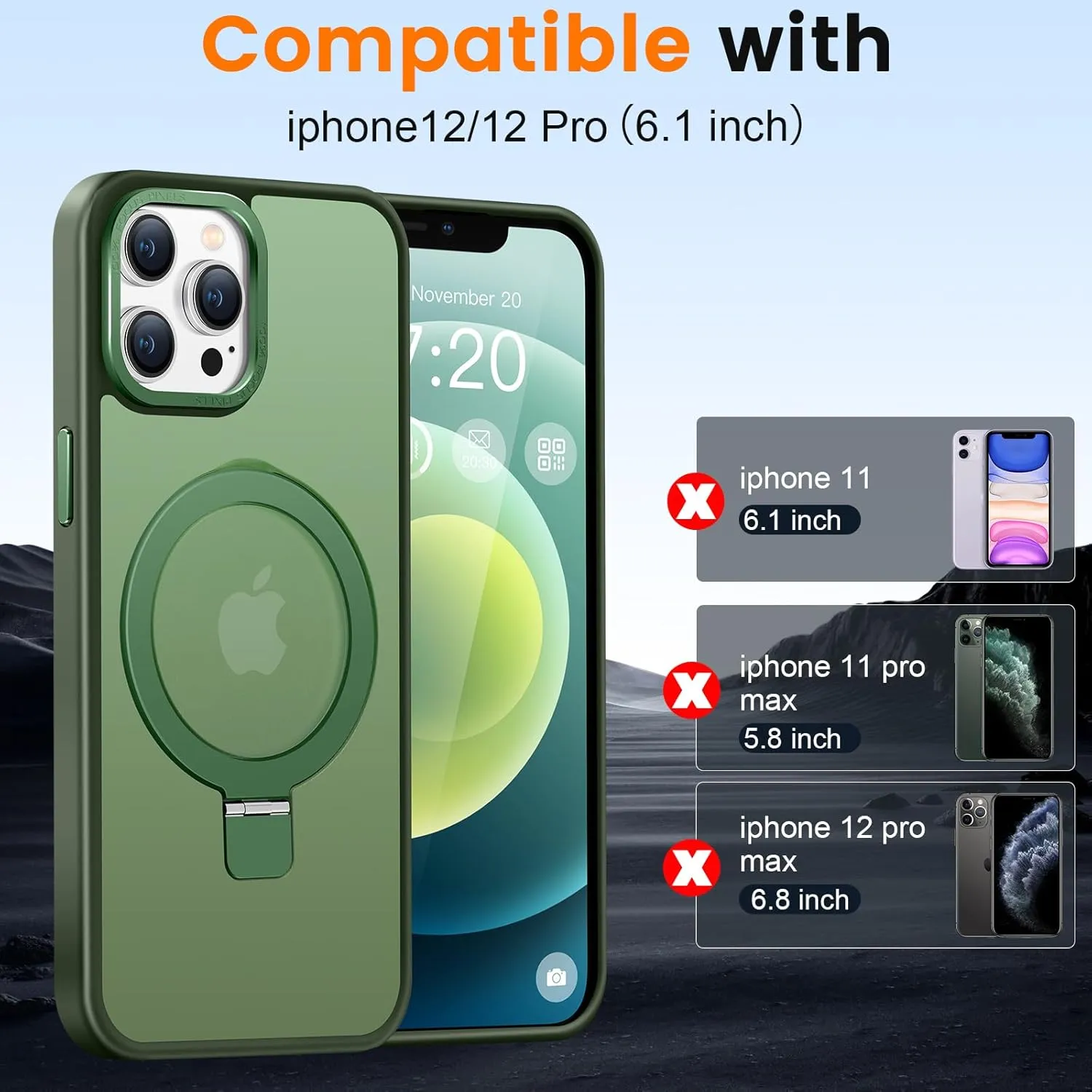Compatible with iPhone 12/12 pro Case with Magnetic Ring Stand, Military Drop Protection, Anti-Scratch/Anti-Fingerprint Translucent Matte Phone Case for iPhone 12/12 pro (Green)