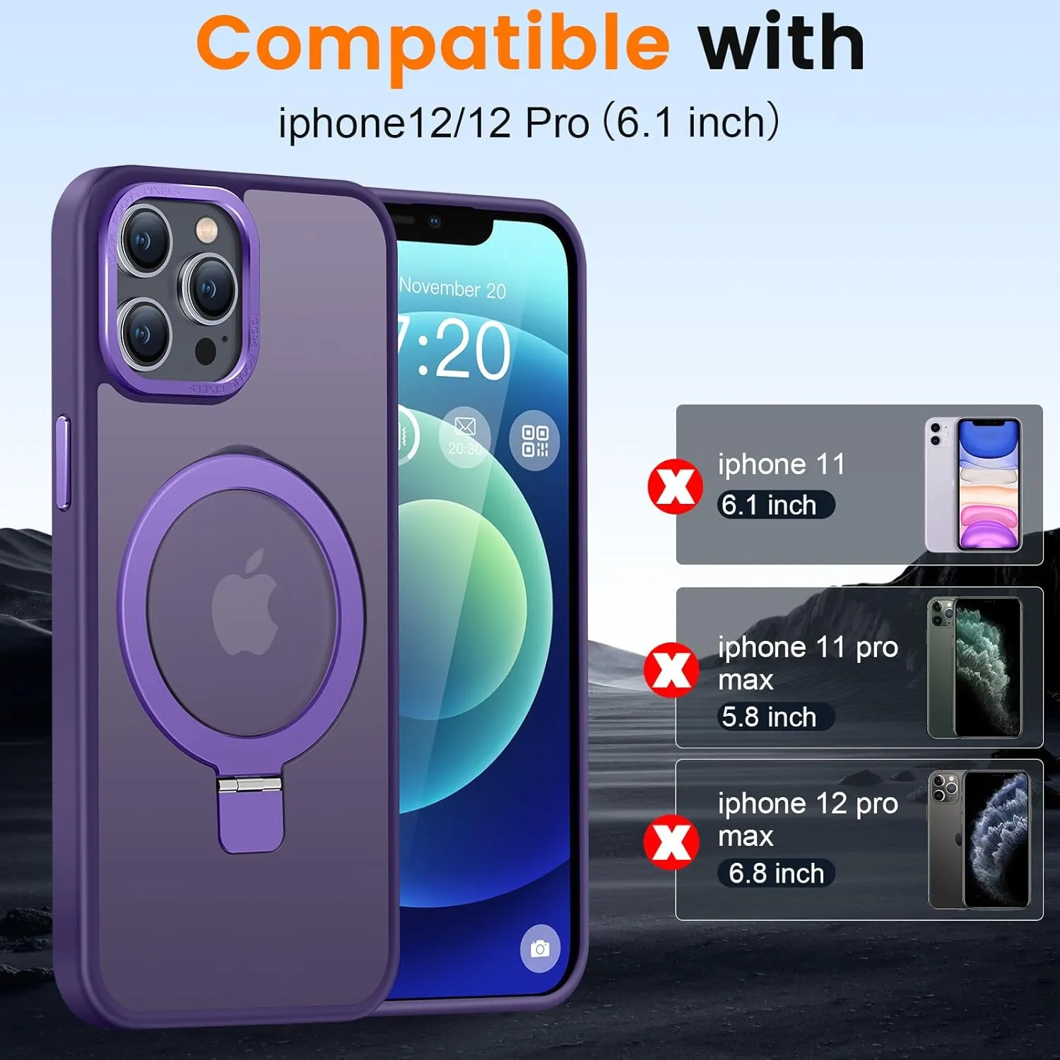 Compatible with iPhone 12/12 pro Case with Magnetic Ring Stand, Military Drop Protection, Anti-Scratch/Anti-Fingerprint Translucent Matte Phone Case for iPhone 12/12 pro (Purple)