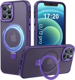 Compatible with iPhone 12/12 pro Case with Magnetic Ring Stand, Military Drop Protection, Anti-Scratch/Anti-Fingerprint Translucent Matte Phone Case for iPhone 12/12 pro (Purple)