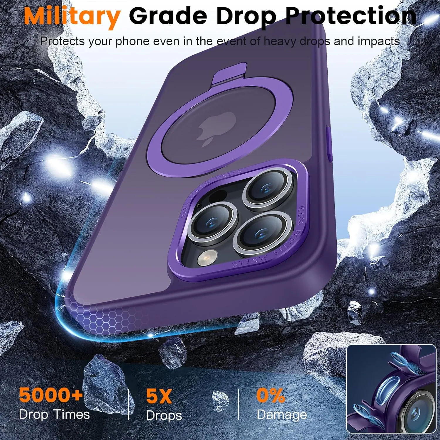 Compatible with iPhone 12/12 pro Case with Magnetic Ring Stand, Military Drop Protection, Anti-Scratch/Anti-Fingerprint Translucent Matte Phone Case for iPhone 12/12 pro (Purple)