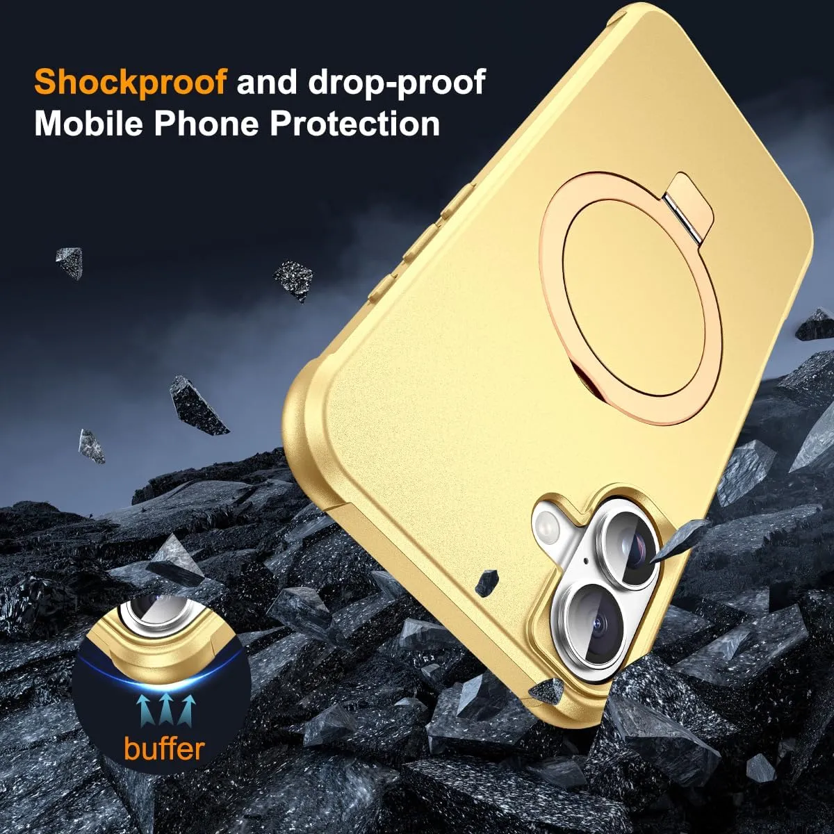 Compatible with iPhone 16 Case with Invisible Magnetic O-Ring Stand Military-Grade Case for iPhone 16 6.1" [Compatible with Mag-Safe][Great Grip Feeling], Gold