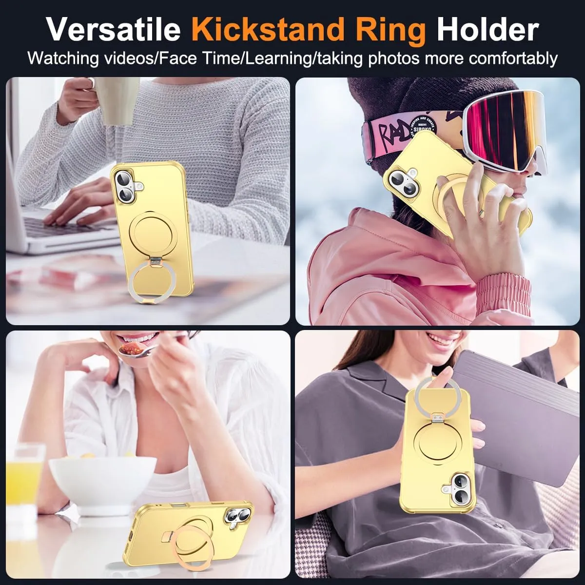 Compatible with iPhone 16 Case with Invisible Magnetic O-Ring Stand Military-Grade Case for iPhone 16 6.1" [Compatible with Mag-Safe][Great Grip Feeling], Gold