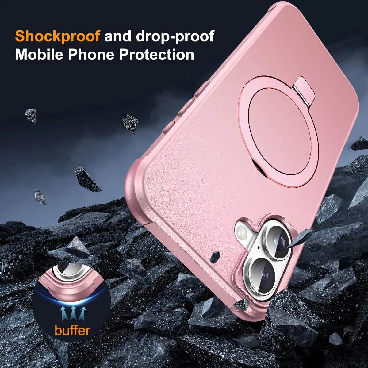 Compatible with iPhone 16 Case with Invisible Magnetic O-Ring Stand Military-Grade Case for iPhone 16 6.1" [Compatible with Mag-Safe][Great Grip Feeling], Rose Gold