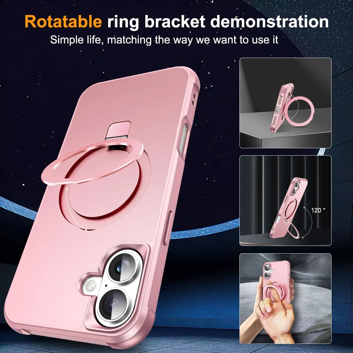 Compatible with iPhone 16 Case with Invisible Magnetic O-Ring Stand Military-Grade Case for iPhone 16 6.1" [Compatible with Mag-Safe][Great Grip Feeling], Rose Gold