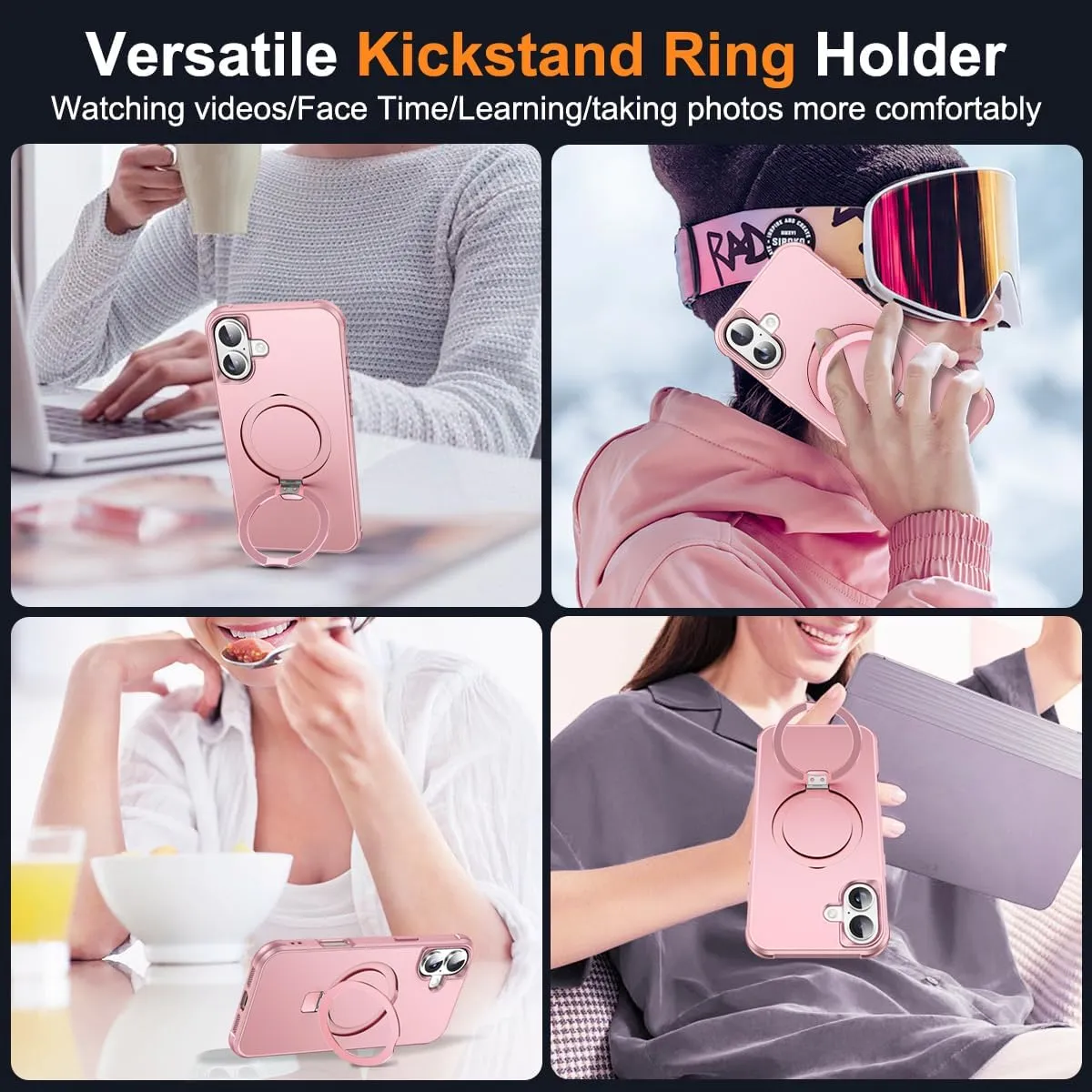 Compatible with iPhone 16 Case with Invisible Magnetic O-Ring Stand Military-Grade Case for iPhone 16 6.1" [Compatible with Mag-Safe][Great Grip Feeling], Rose Gold