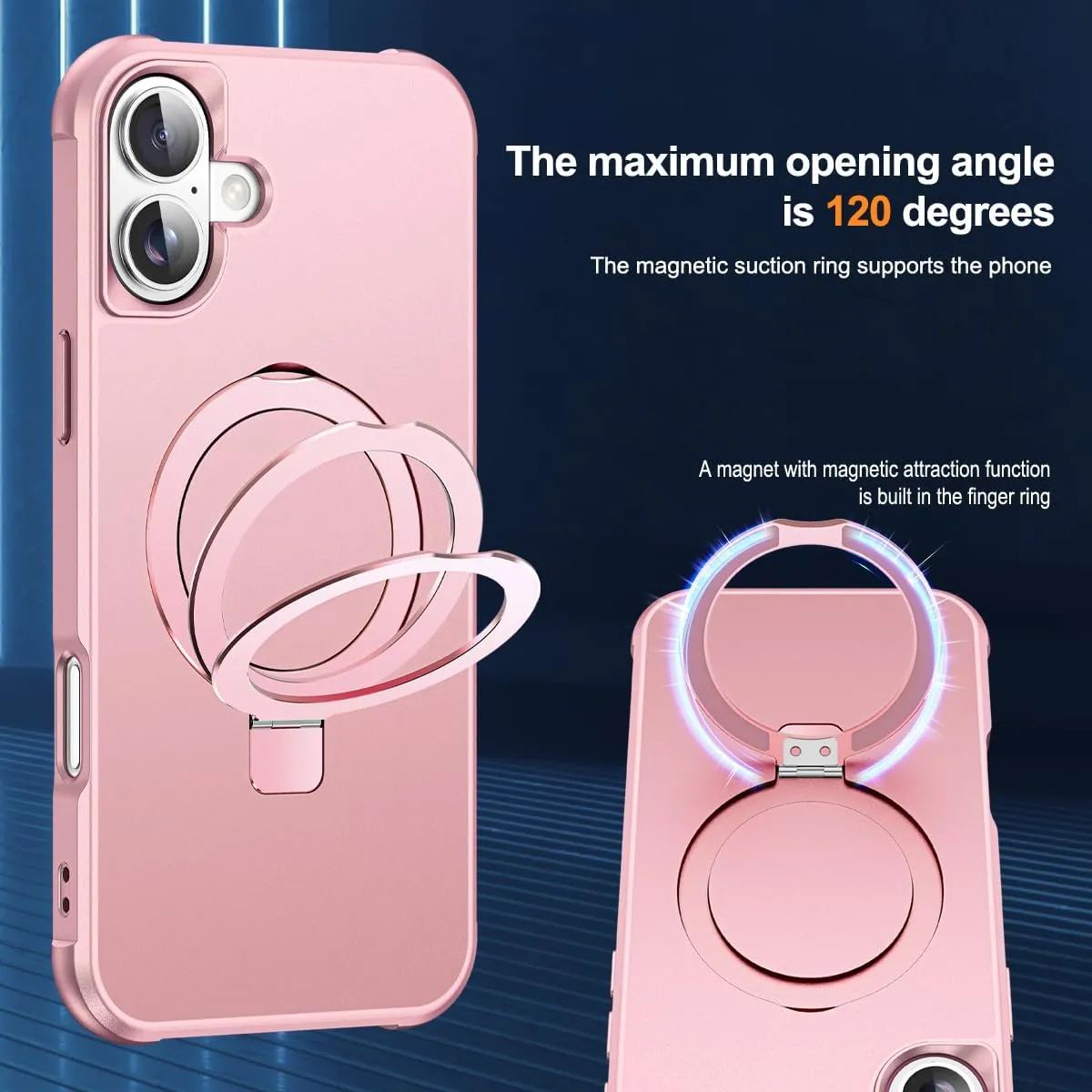 Compatible with iPhone 16 Case with Invisible Magnetic O-Ring Stand Military-Grade Case for iPhone 16 6.1" [Compatible with Mag-Safe][Great Grip Feeling], Rose Gold