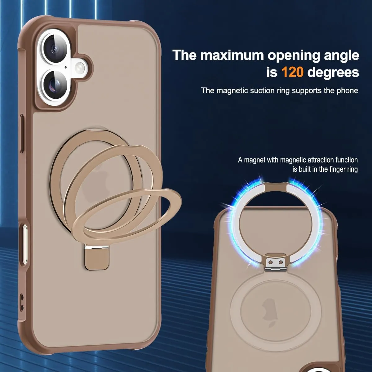 Compatible with iPhone 16 Case with Invisible Magnetic O-Ring Stand Military-Grade Translucent Case for iPhone 16 6.1" [Compatible with Mag-Safe][Great Grip Feeling],Desert Brown