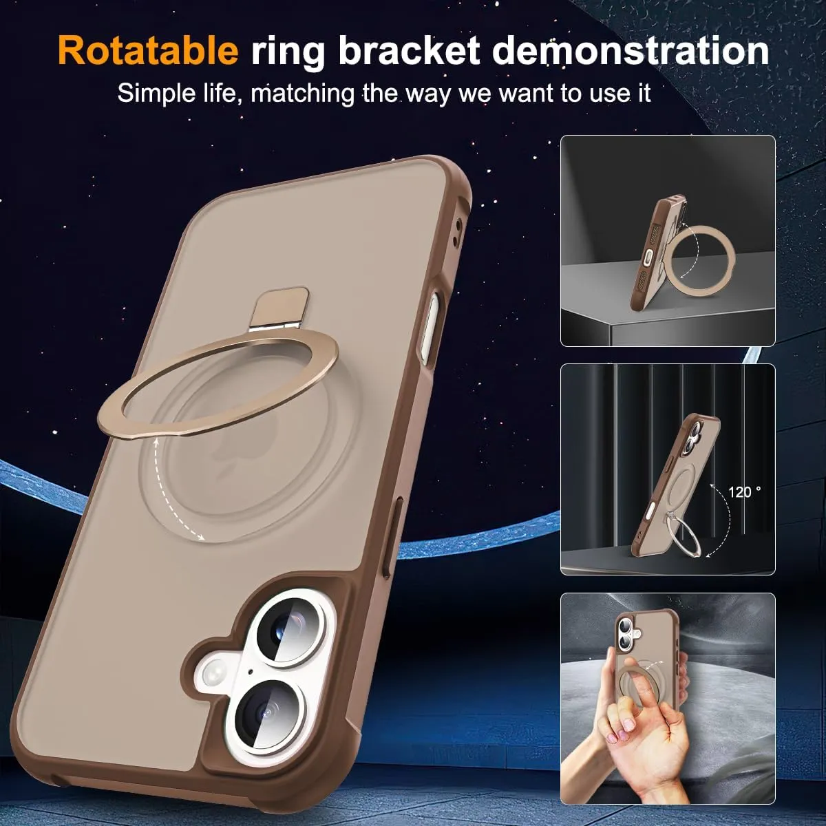 Compatible with iPhone 16 Case with Invisible Magnetic O-Ring Stand Military-Grade Translucent Case for iPhone 16 6.1" [Compatible with Mag-Safe][Great Grip Feeling],Desert Brown
